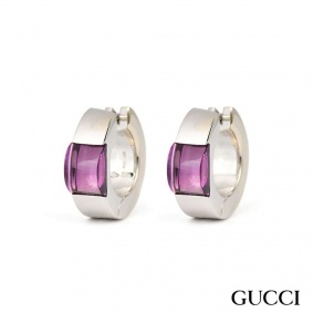Gucci 18k White Gold Amethyst Huggy Earrings